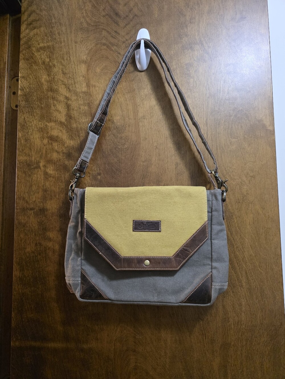 NWT Sixtease Upcycled Gray Canvas Bag with Yellow Flap and Brown Leather Trim